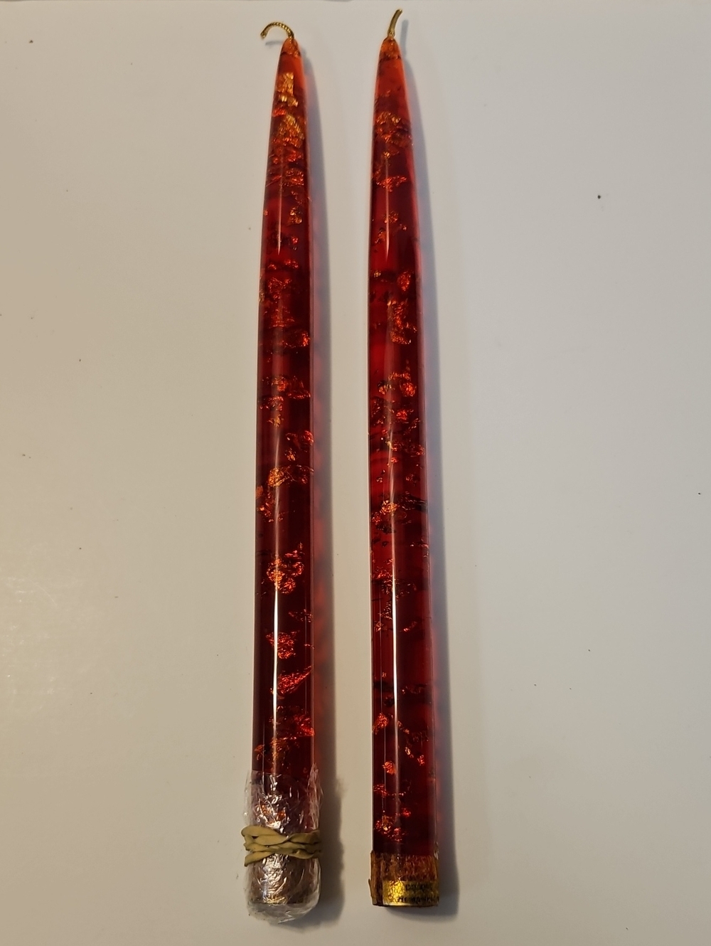 MCM LUCITE RED WITH GOLD FLEXS, 12" TAPERED  CANDLES